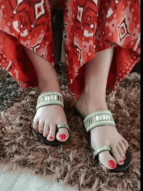 Womens Green Mirrored Beads Heels